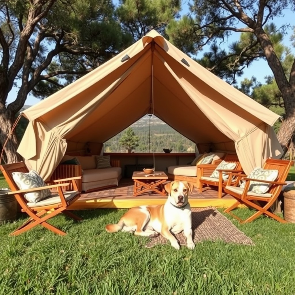 an image of a cozy glamping tent in California, featuring a dog lounging outside on a grassy area. The scene should show a comfortable setup with outdoor furniture, surrounded by trees and a beautiful natural landscape.