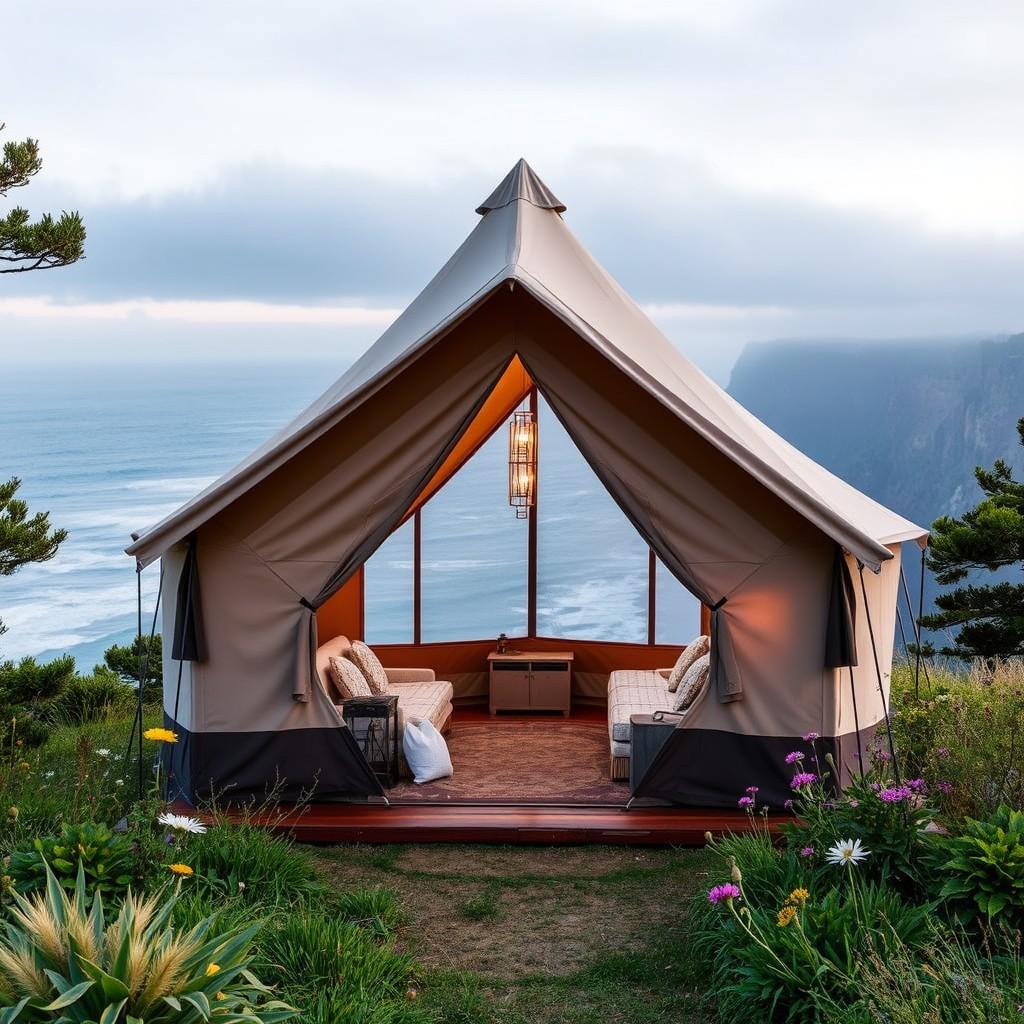 an image of a luxury glamping tent at Big Sur Campground, with a view of the ocean and coastal cliffs in the background. Include elements of nature such as trees and wildflowers surrounding the tent.