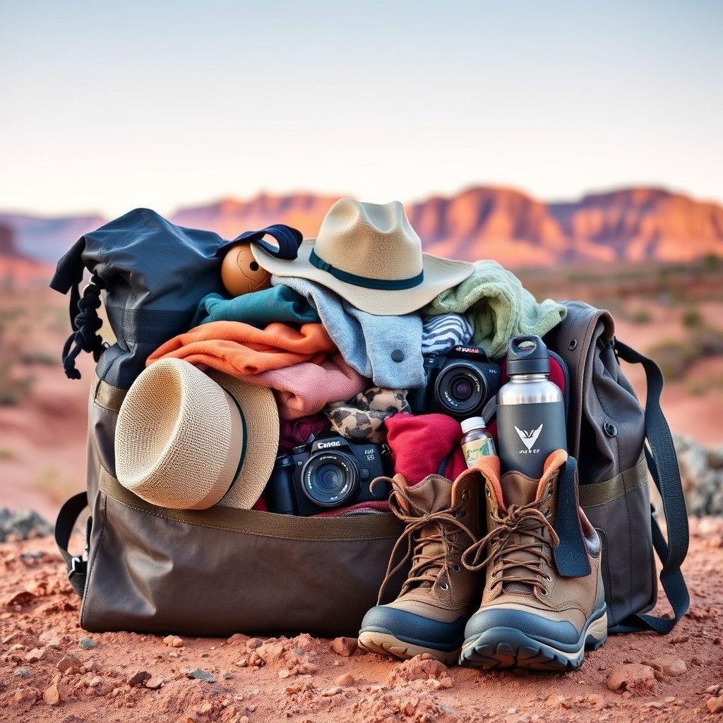 an image of a packed bag with hiking gear, essentials, and clothing for a glamping trip in Southern Utah. Include items like a hat, water bottle, hiking boots, and a camera, set against a desert landscape background.