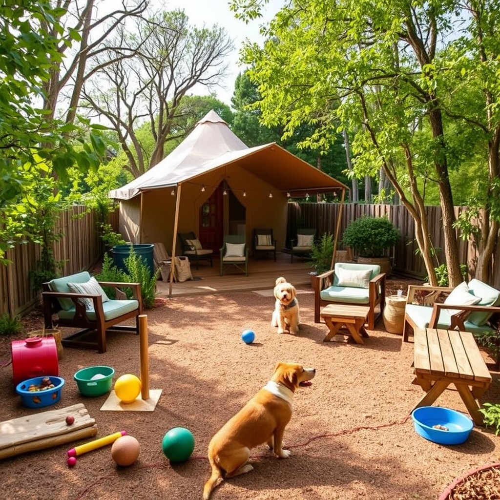 an image of a pet-friendly outdoor area at a glamping site, featuring toys, a fenced space, and comfortable seating for pet owners. Surround the area with trees and natural landscaping to enhance the outdoor feel.