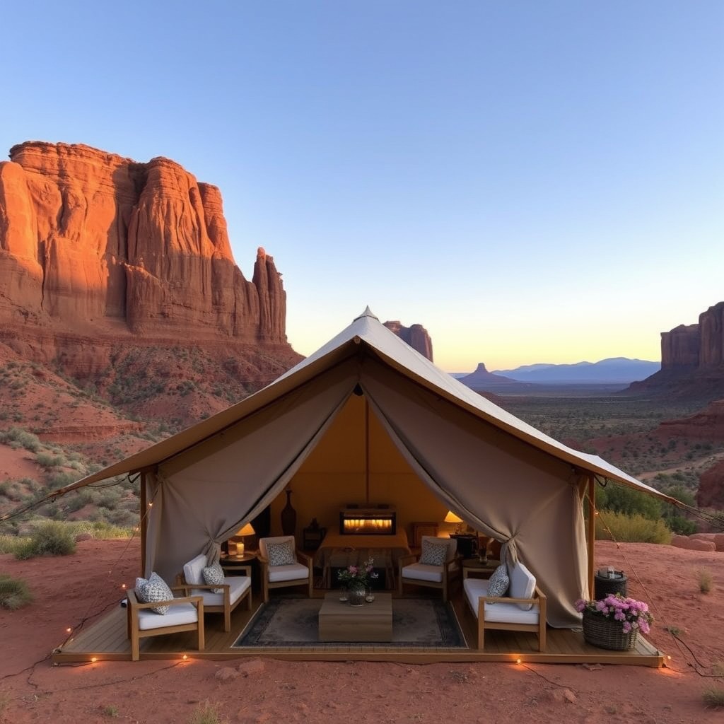 an image of a luxurious glamping tent set in Southern Utah, surrounded by towering red rock formations and desert scenery. The tent should have large, open flaps, with comfortable seating and string lights around it. The sky should be clear, allowing views of nearby mountains and the vast desert horizon, emphasizing the natural beauty of the region.