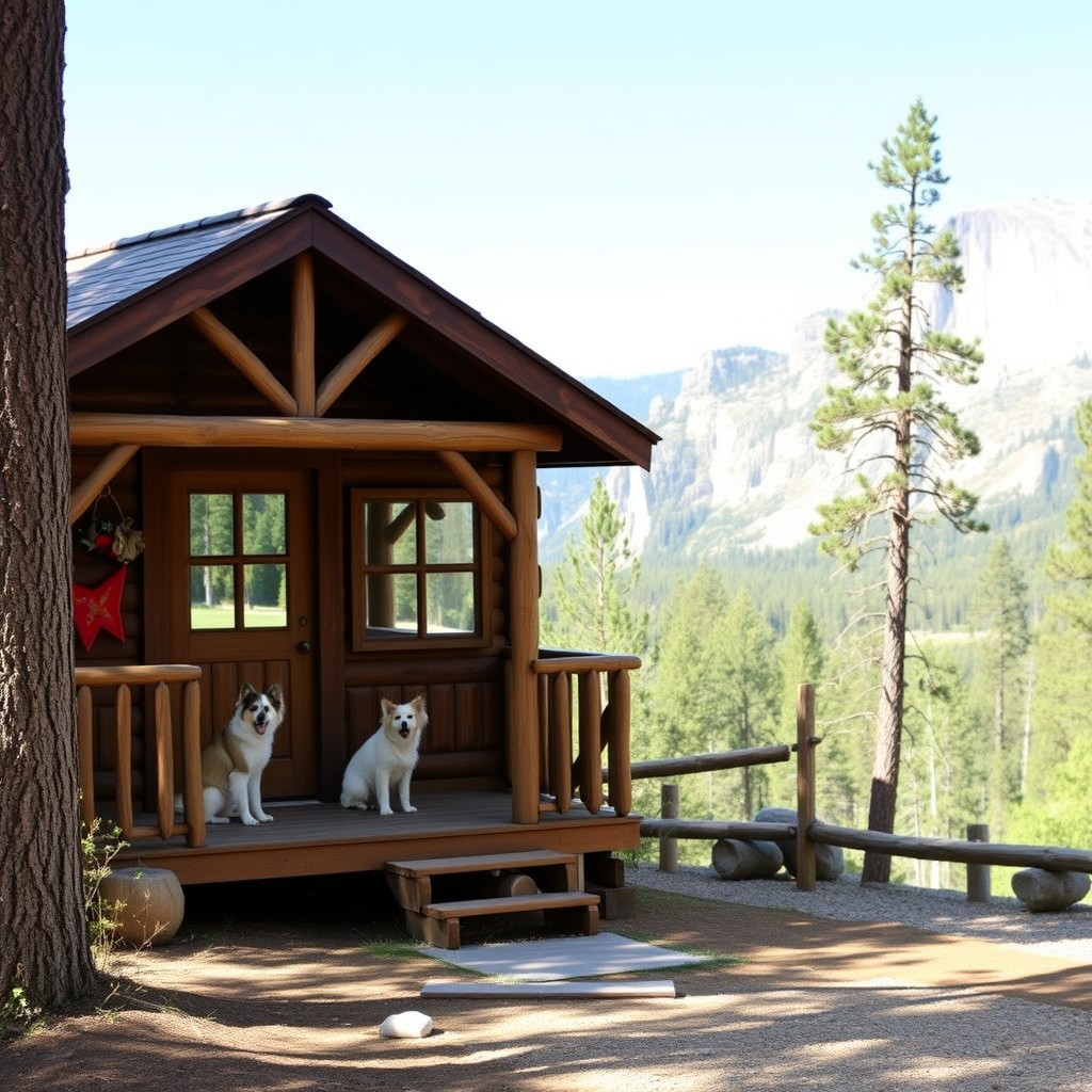 an image of a pet-friendly cabin at Yosemite Pines RV Resort, showcasing its rustic charm and beautiful surroundings. The image should include a view of Yosemite’s iconic landscapes in the background.