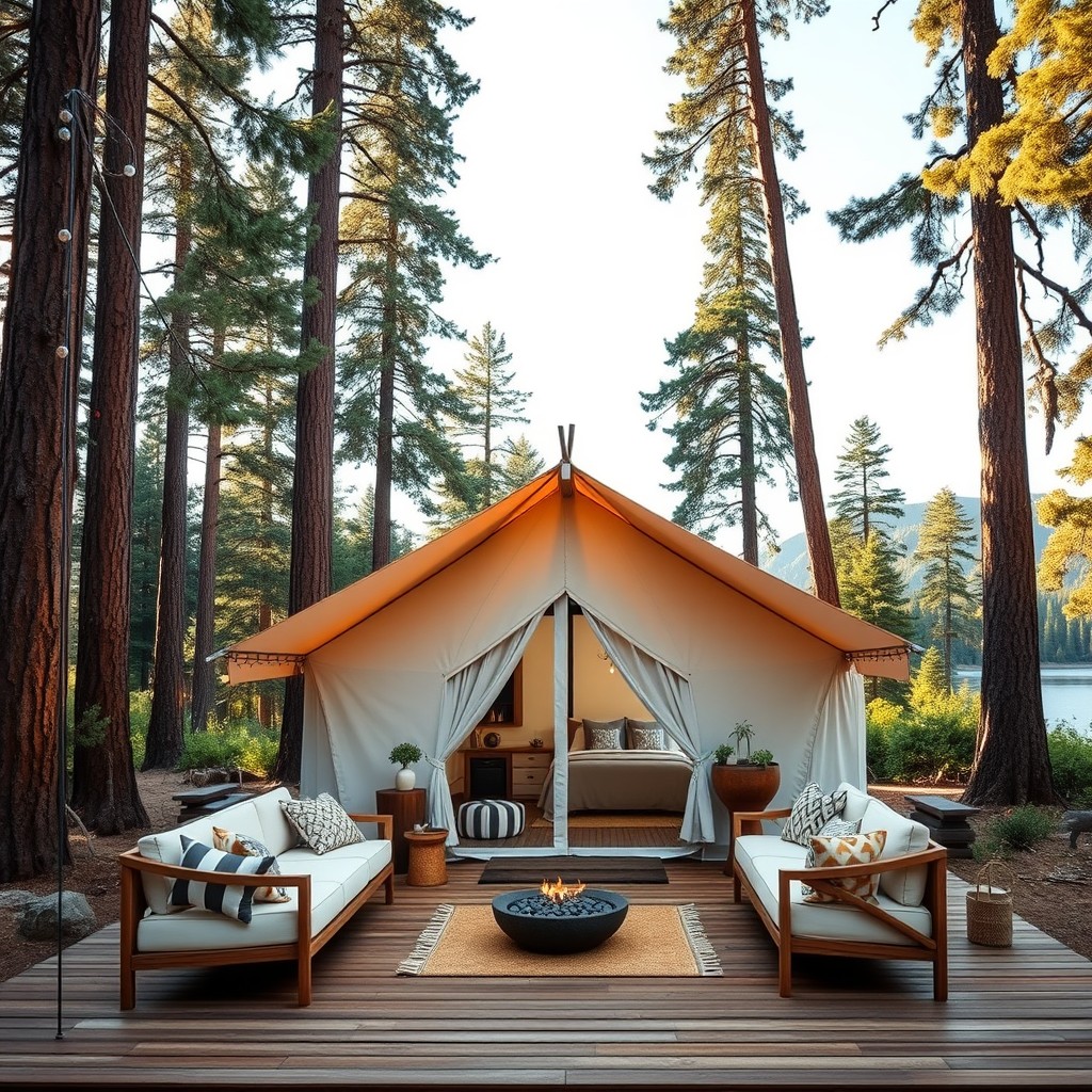 Luxurious glamping tent in California set under redwood trees with cozy seating, stylish decor, a fire pit, and string lights on a wooden deck, with mountains or a lake in the background.