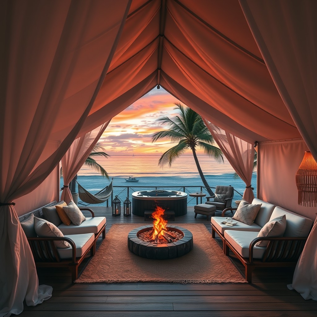 Luxurious beachfront glamping tent in Florida with flowing curtains, comfortable seating on a wooden deck, and tropical palm trees in the background. The scene includes a private hot tub, fire pit, lan