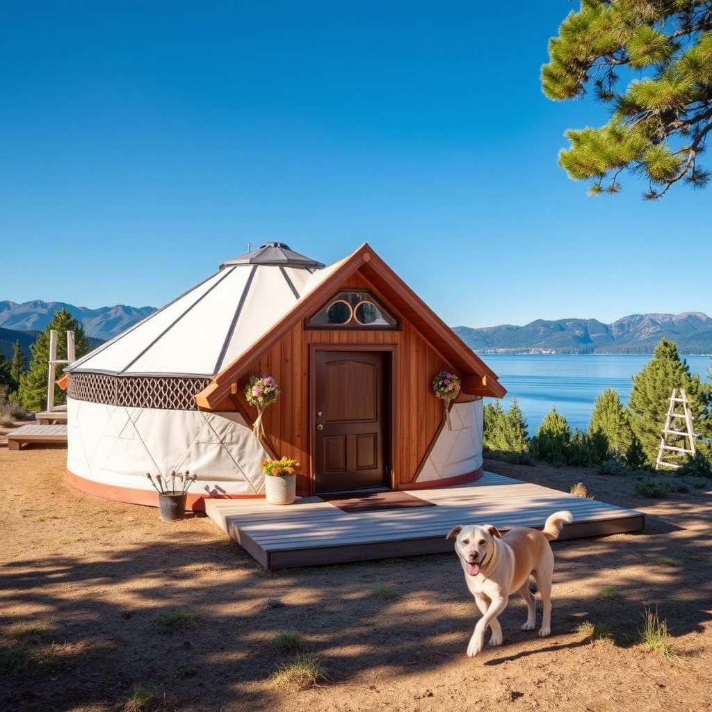 A stylish yurt at Lake Tahoe with a dog playing in the foreground, set against a stunning backdrop of the lake and mountains.