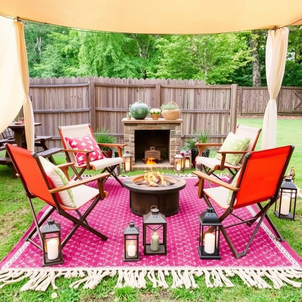 an image of a DIY glamping outdoor lounge area with folding chairs, an outdoor rug, lanterns, and a small fire pit, creating a cozy and stylish space for relaxing.