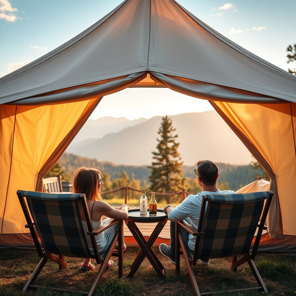 A couple relaxing outside their glamping tent, enjoying a scenic view Generate a real image of a couple relaxing outside a glamping tent, seated in comfortable outdoor chairs, overlooking a scenic view of mountains or a forest.