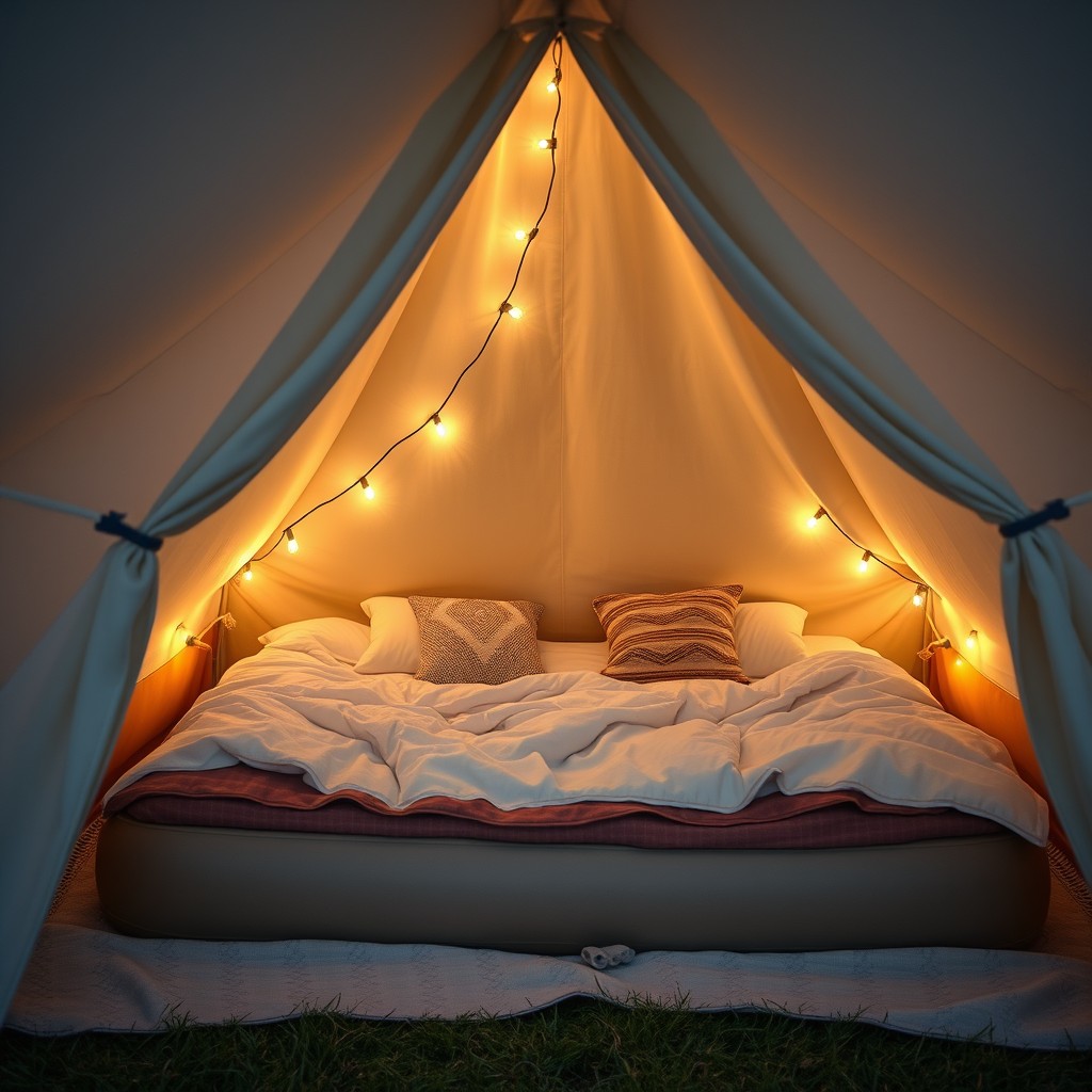 A cozy DIY glamping tent with layered bedding and string lights Generate a real image of a cozy DIY glamping tent featuring an air mattress with soft, layered bedding, pillows, and string lights hanging inside for ambiance.