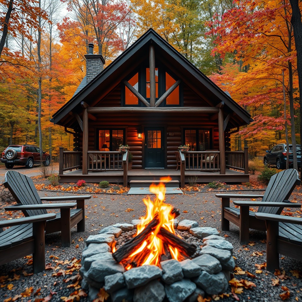 A cozy cabin with a fire pit in front, surrounded by fall foliage Generate a real image of a cozy luxury cabin with a fire pit in front, surrounded by fall foliage, showcasing the beauty of Upstate New York during autumn.

