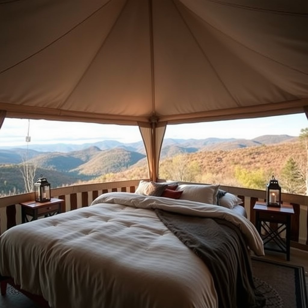 A luxury glamping tent in the Catskills with a comfortable bed and scenic mountain views Generate an image of a luxury glamping tent in the Catskills, showcasing a comfortable king-sized bed with plush bedding, lanterns, and a view of the surrounding mountains.
