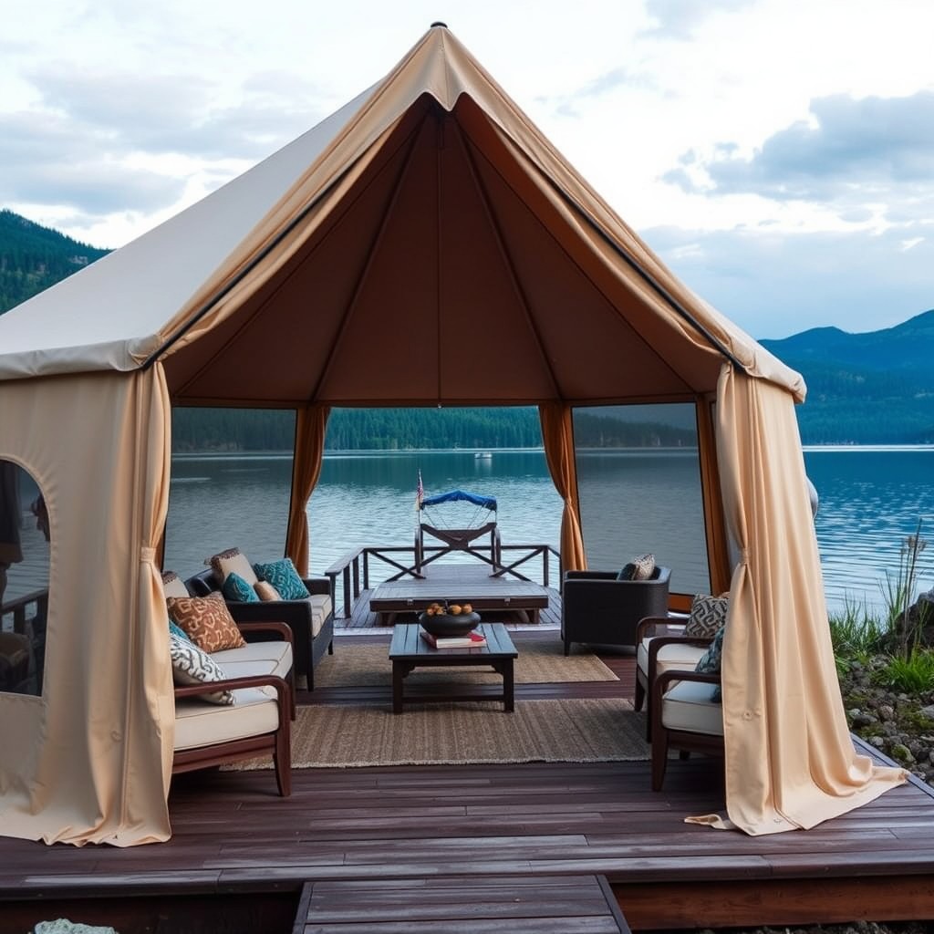 A luxury tent overlooking a lake in the Adirondacks Generate an image of a luxury tent in the Adirondacks, showcasing a lakeside setting with a private dock, comfortable seating, and mountain views in the background.
