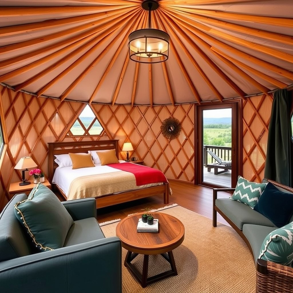 A luxury yurt at Gatherwild Ranch with a cozy interior featuring a queen bed, seating area, and an outdoor patio overlooking the Hudson Valley.