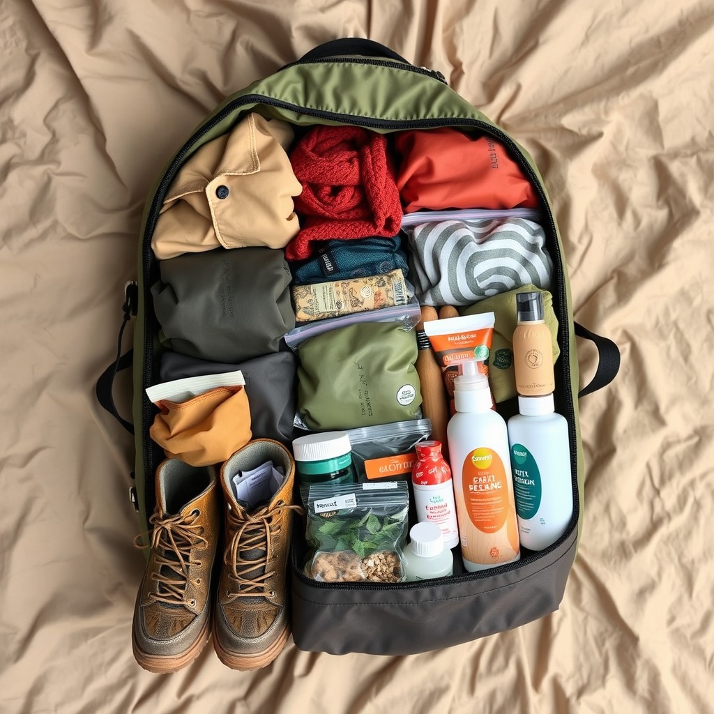 A well-packed bag with glamping essentials like clothing, food, and outdoor gear Generate a real image of a neatly packed bag with glamping essentials such as layered clothing, hiking boots, sunscreen, food supplies, and toiletries, ready for a trip into nature.
