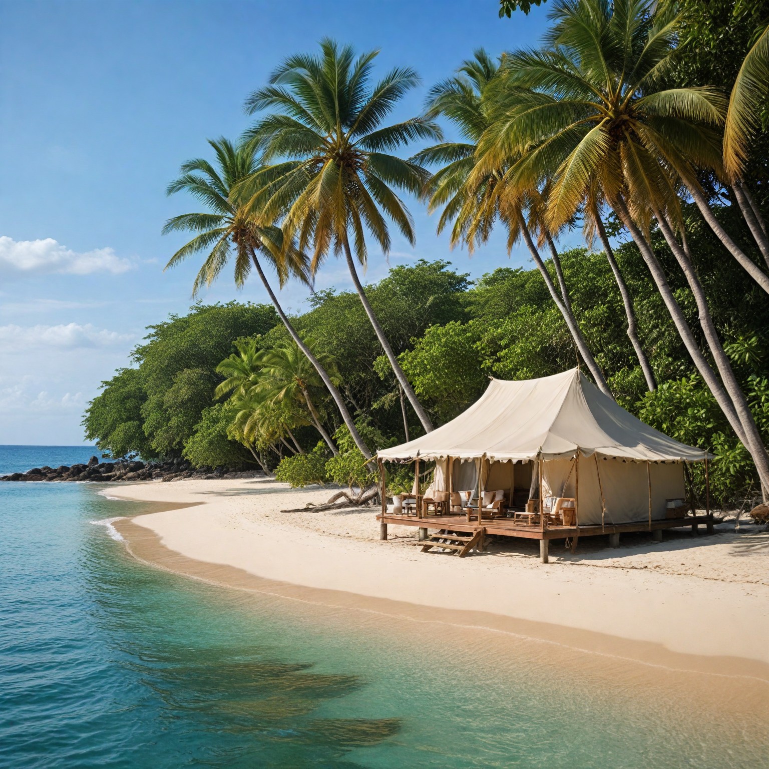 an image of Amanwana, located on the remote island of Moyo, offering a secluded luxury glamping experience. Feature ocean-facing tents just steps from the beach, designed with Indonesian touches such as king-sized beds, hardwood floors, and en-suite bathrooms. Surround the tents with the pristine beach and crystal-clear waters, hinting at marine life below the surface. Incorporate elements of the Indonesian jungle in the background, with subtle references to activities like snorkeling, scuba diving, and jungle trekking. The image should evoke both relaxation and adventure, highlighting the harmony between the beach and jungle, with an emphasis on luxury and natural beauty