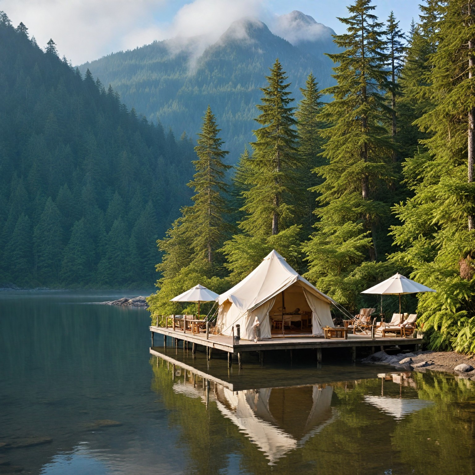 a real image of Clayoquot Wilderness Lodge, set against the dramatic backdrop of British Columbia’s coastal rainforests. Showcase safari-style tents along the banks of Clayoquot Sound, featuring high-end amenities such as plush bedding, en-suite bathrooms, and heated floors. Surround the tents with lush, dense forests and the serene waters of the sound. Include subtle details like a spa area or guests enjoying a peaceful moment in nature. Highlight the adventure and luxury of the location by suggesting activities like wildlife spotting, guided hikes, or horseback riding. The image should convey the perfect balance between luxurious accommodations and the wild, untouched beauty of the coastal rainforest