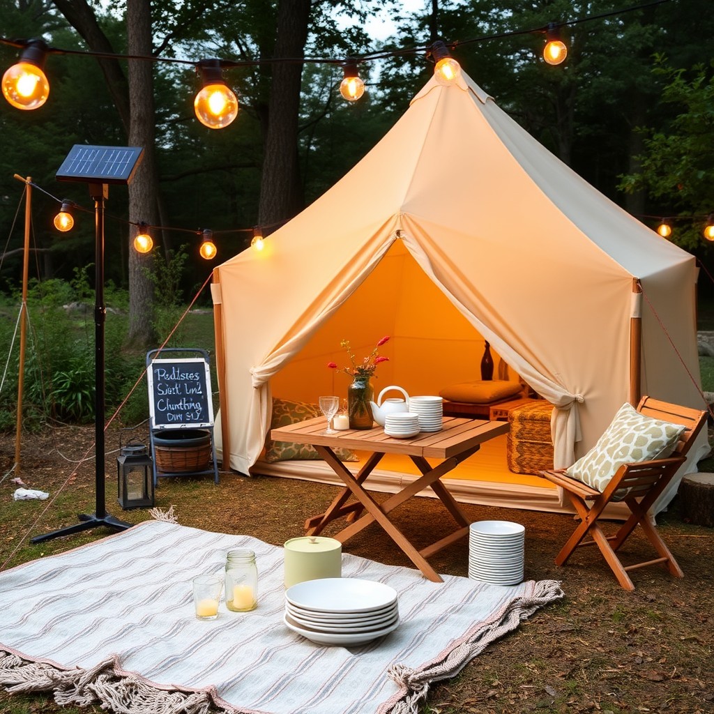 Eco-friendly glamping setup with solar lights and reusable dishes Generate an image of an eco-friendly glamping setup with solar-powered string lights, reusable dishes, and a small outdoor table, all set in a natural outdoor environment.