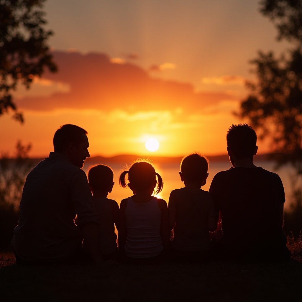 A family silhouetted against a beautiful sunset, sitting together outside their glamping accommodation