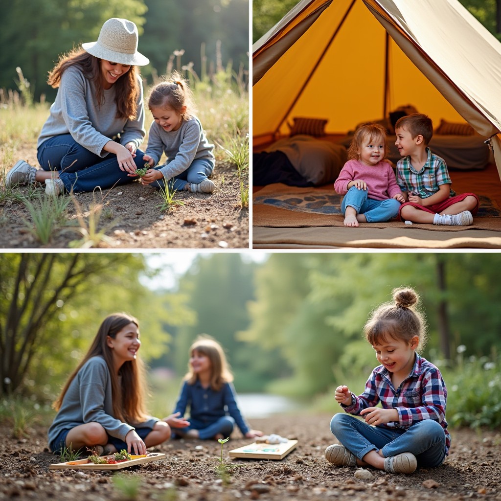 A collage showing a family participating in a guided activity, relaxing at their glamping accommodation, and exploring nature freely