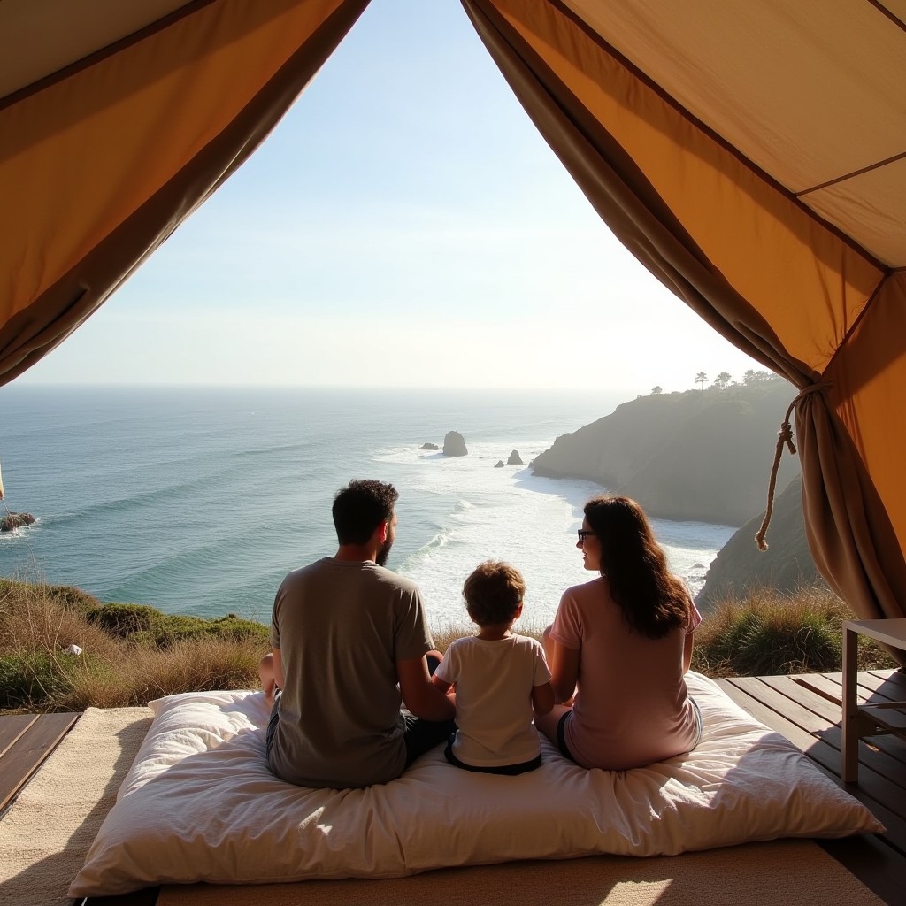 Family sitting on a deck of a glamping accommodation, overlooking the Big Sur coastline