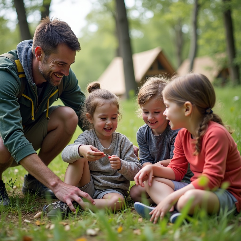 A family participating in a guided nature walk or outdoor workshop at a glamping site, with children engaged in hands-on learning