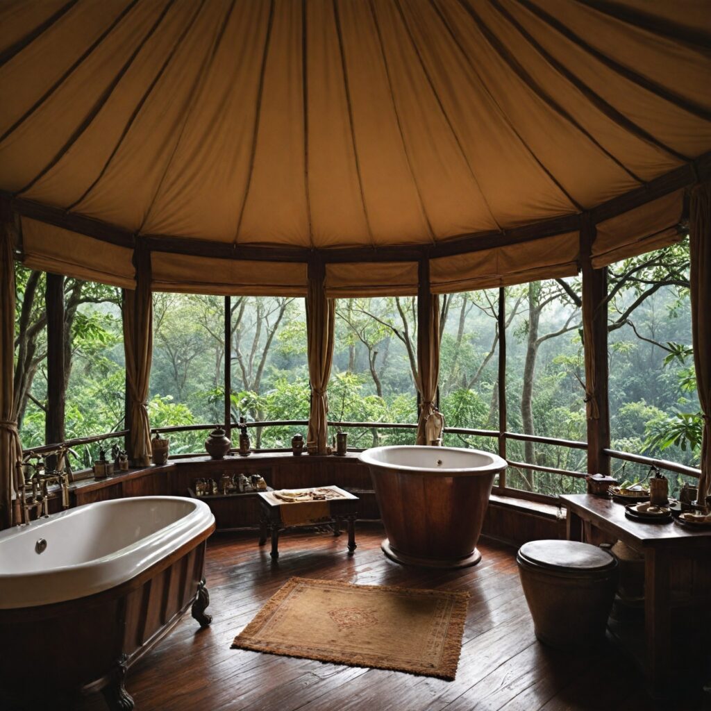 a real image of Four Seasons Tented Camp Golden Triangle, set deep in the jungles of northern Thailand. Highlight the luxurious tents featuring handcrafted furnishings, antique bathtubs, and open-air showers. Surround the camp with lush, dense jungle, showcasing the exotic beauty of the natural environment. Include subtle hints of the unique experiences offered, such as elephants in the distance, a jungle river for boat explorations, and the rich cultural atmosphere of nearby villages. The image should evoke the perfect blend of adventure, luxury, and tranquility, capturing the essence of this unique jungle retreat