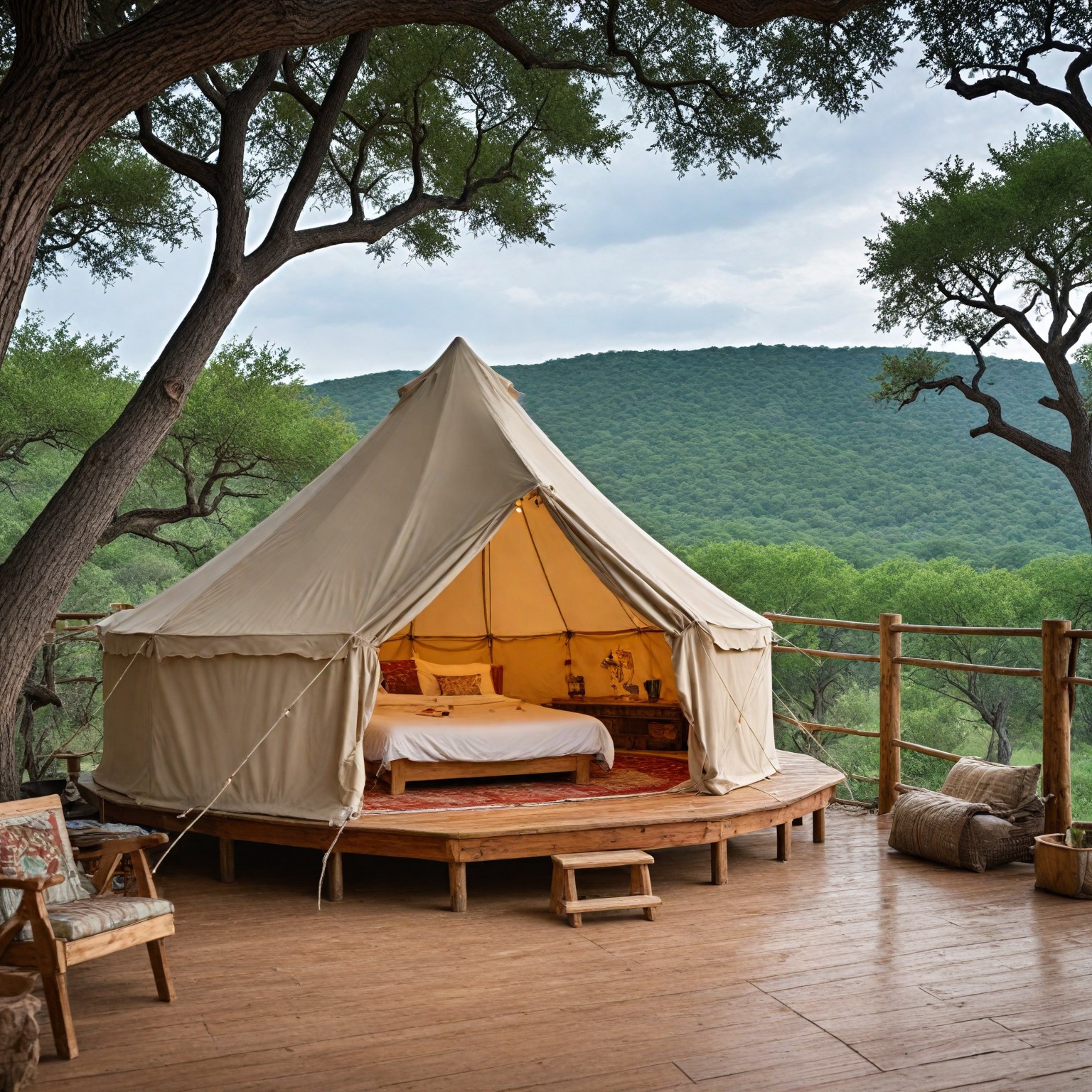 A luxurious glamping tent or yurt set against a backdrop of Hill Country landscape. The accommodation should have a deck or patio with comfortable seating, and the interior visible through an open flap should show a plush bed and elegant furnishings.