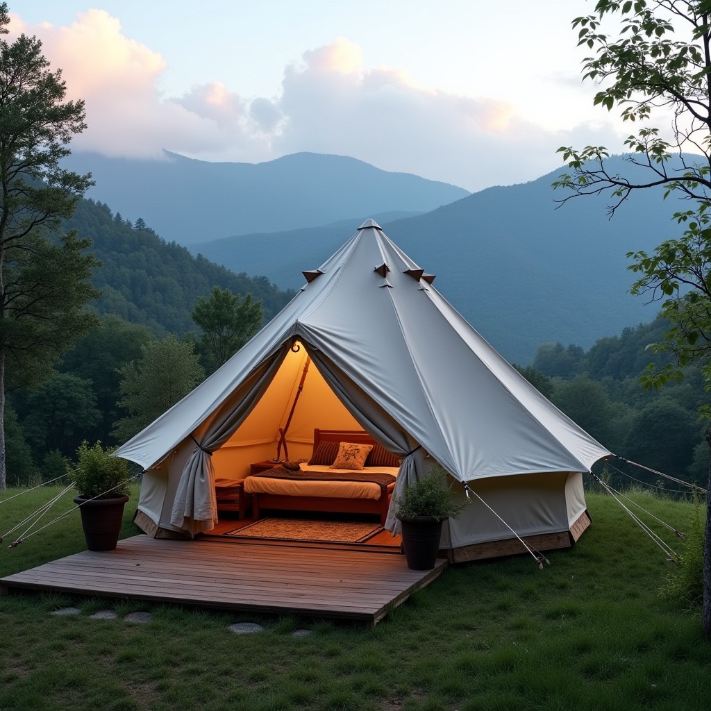 Cozy glamping cabin with a backdrop of misty Smoky Mountain peaks