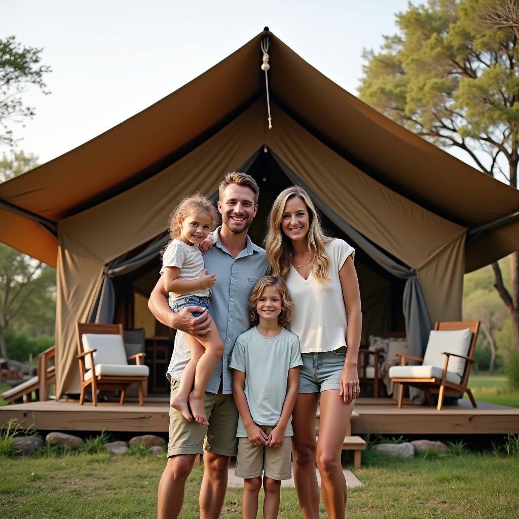 Smiling family of four (parents and two children) standing in front of a large, well-equipped safari tent with a scenic natural background