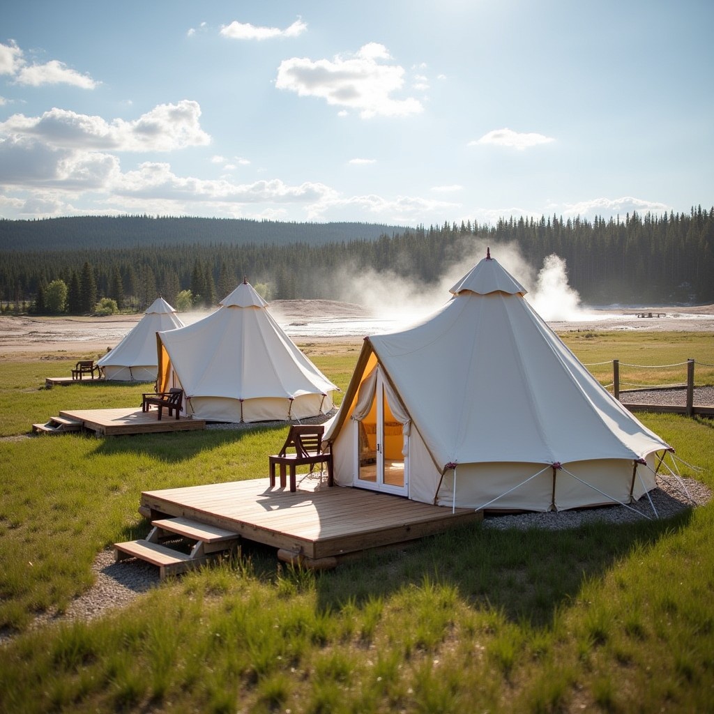 Luxury glamping tents with Yellowstone's geothermal features visible in the background