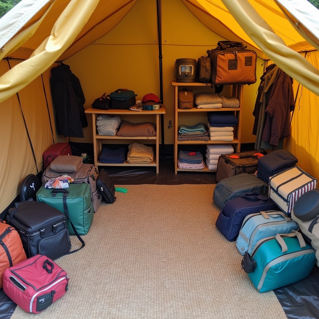 Neatly arranged glamping essentials including outdoor gear, clothing, and family entertainment items