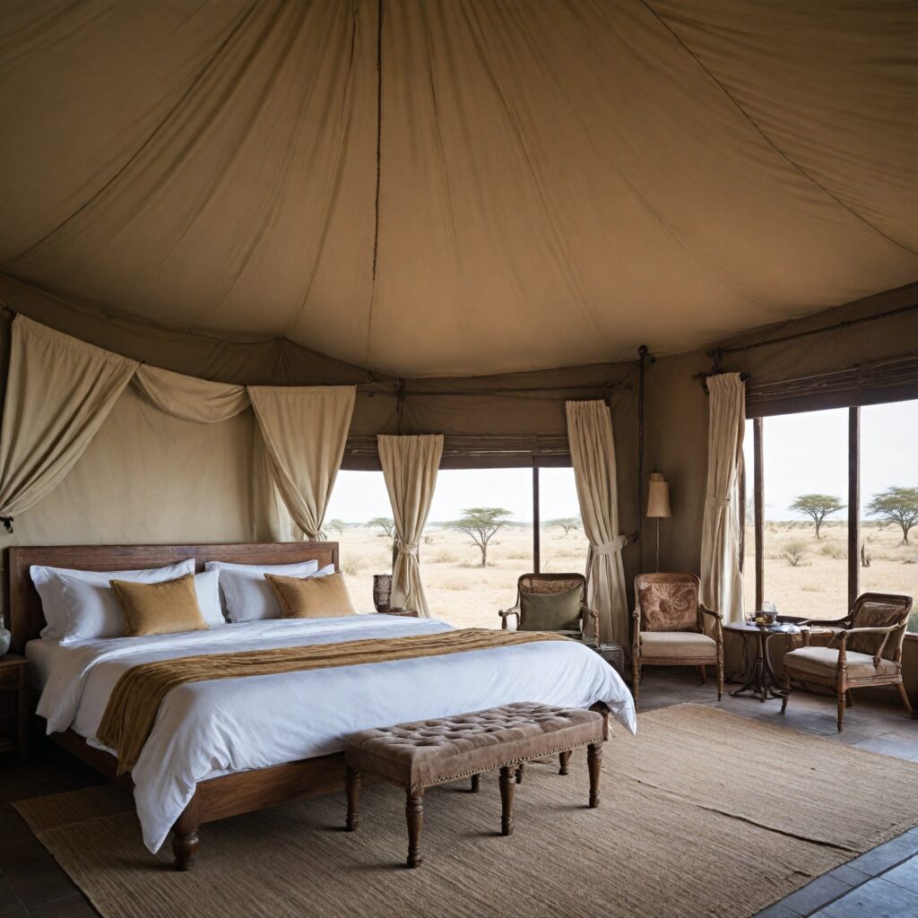 a realistic image of clamping San Camp, located on the edge of the vast Makgadikgadi Salt Pans in the heart of the African desert with a swimming pool. Showcase the white canvas tents spread across the barren desert landscape with a tourist relaxing, emphasizing the expansive views of the endless horizon. Inside the tents, highlight luxurious details such as african rugs, four-poster beds, and elegant furnishings, creating an oasis of comfort amidst the stark environment. Surround the scene with the minimalistic beauty of the green desert with high palm trees, and hint at activities like guided walks with the San Bushmen or quad biking across the desert. Include a star-filled sky to evoke the magic of nightly stargazing sessions. The image should blend solitude, adventure, and luxury in this remote African setting