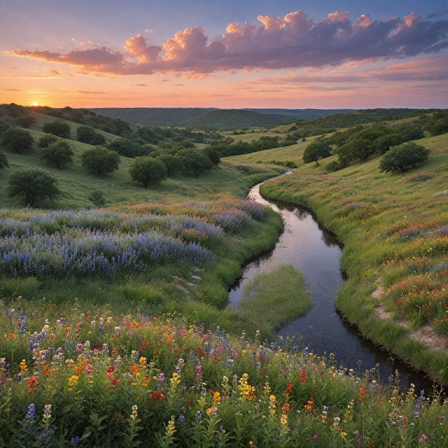 A panoramic view of the Texas Hill Country at sunset, showcasing rolling hills covered in wildflowers, with a winding river in the foreground and a colorful sky above.