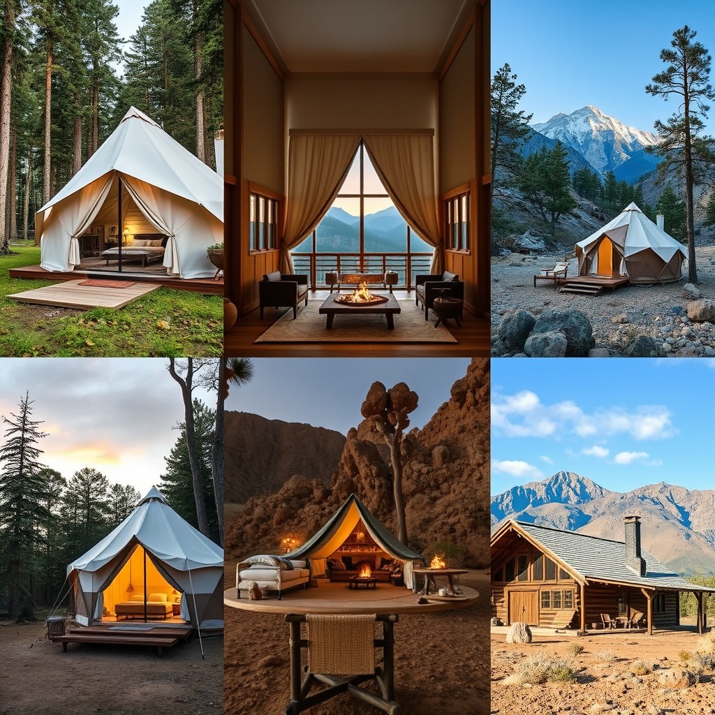 Various types of glamping accommodations including luxury tents, yurts, and cabins in diverse natural settings such as forests, deserts, and mountains.