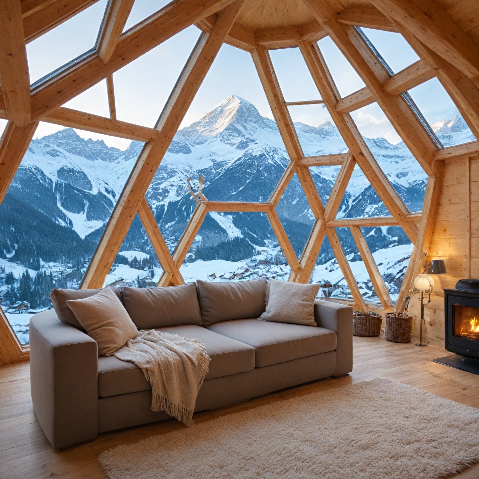 an image of Whitepod Eco-Luxury Hotel, perched high in the Swiss Alps. Feature the geodesic pods, designed with sustainability in mind, nestled in a stunning alpine landscape. Highlight the cozy interiors with wood-burning stoves and large windows offering panoramic views of the snow-covered mountains in winter or lush meadows in the warmer months. Surround the pods with the pristine beauty of the Alps, with subtle hints of activities like skiing, snowboarding, or hiking trails. The image should capture the harmony between eco-conscious living and luxurious comfort, set against the dramatic backdrop of the Swiss Alps