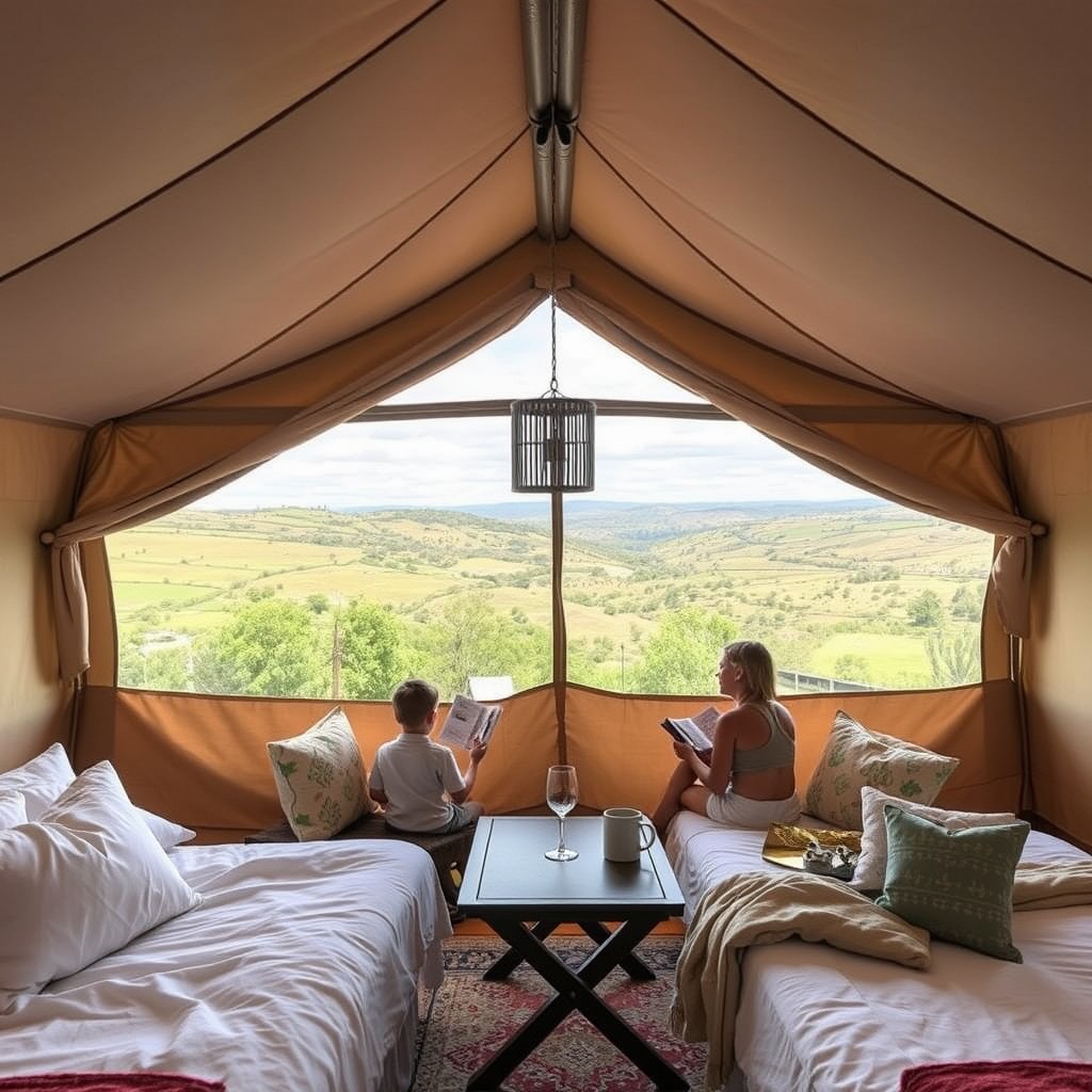 A luxury tent at Collective Hill Country in Wimberley, Texas, featuring elegant decor and surrounded by scenic views of Hill Country.