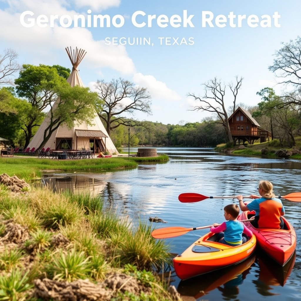 an image of Geronimo Creek Retreat in Seguin, Texas. Show a family enjoying the area, with a view of a tipi and treehouse near the creek. Include a couple of kids kayaking with their parents or fishing in the creek, emphasizing the family-friendly nature.