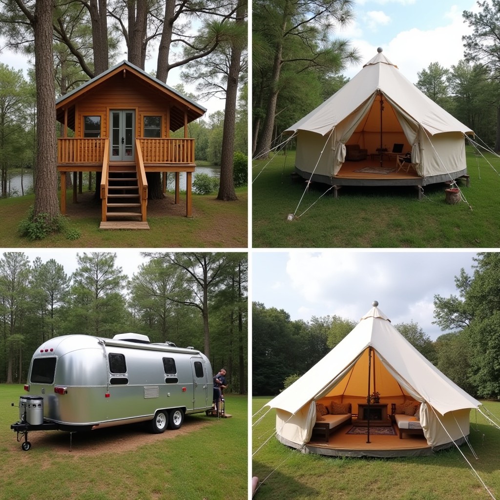 A 4-panel collage showing a treehouse, yurt, airstream, and luxury tent, each in a different natural setting