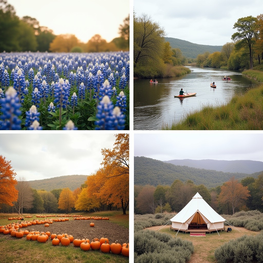 A four-panel collage depicting the Hill Country in different seasons: 1) Spring with bluebonnets and wildflowers, 2) Summer with people enjoying river activities, 3) Fall with autumn-colored trees and a pumpkin patch, 4) Winter with snow-covered hills and a cozy glamping setup.