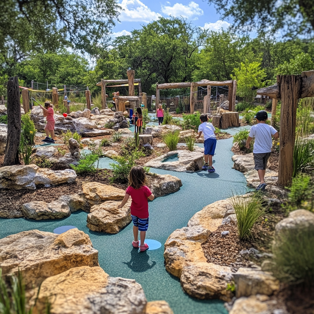 Action shot of kids playing on the mini golf course at Camp Fimfo Waco, with complete body parts visible as they putt and cheer. The colorful course is surrounded by well-kept greenery and whimsical obstacles, creating an engaging and playful atmosphere. Smiling kids are focused on their game, with family members watching nearby, capturing the joy and activity of a fun day outdoors.