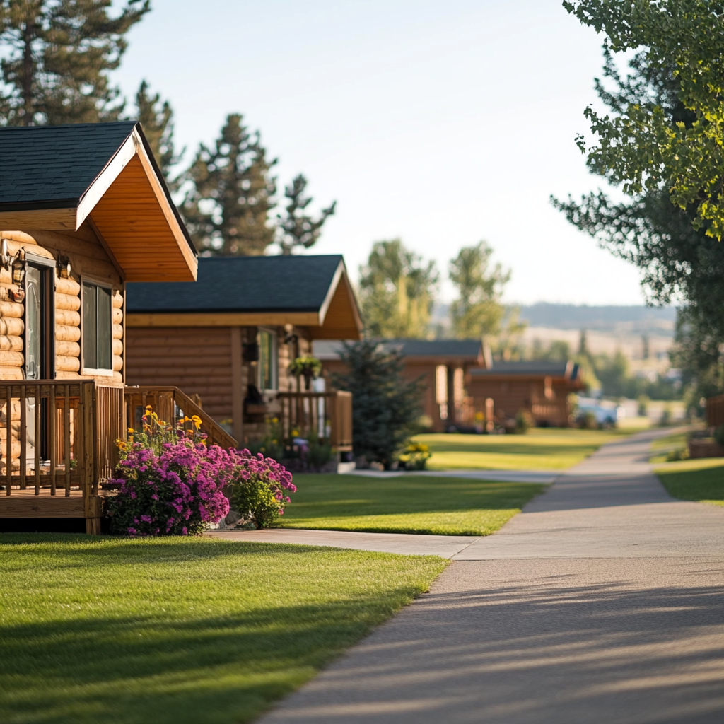 Exterior shot of Scenic View Motel Marina & RV Park, featuring cozy, well-maintained cabins and spacious RV sites. The cabins are nestled among trees with charming porches and inviting outdoor seating, while the RV sites are neatly arranged with easy access and surrounded by greenery. The scene conveys a welcoming and comfortable atmosphere, ideal for guests seeking a peaceful retreat with convenient access to the marina and outdoor activities. The well-kept surroundings enhance the rustic charm of this lakeside getaway.