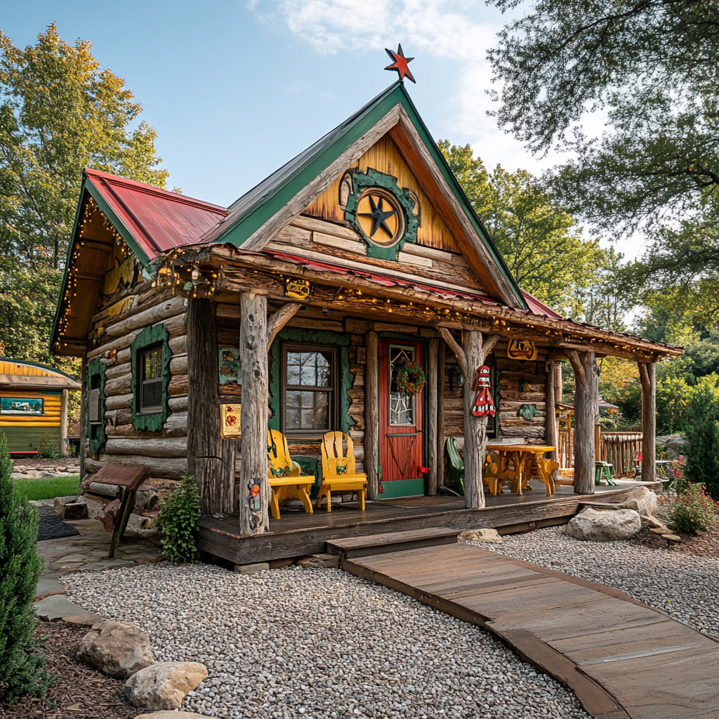 Exterior shot of a Jellystone Park cabin showcasing its playful, themed design elements, including a rustic log structure, colorful accents, and character-themed decor. The cabin features a welcoming front porch with Adirondack chairs and fun, family-friendly signage, set against a backdrop of trees and well-maintained landscaping. The design evokes a charming, camp-like feel, perfect for a memorable family getaway in a cozy, character-filled setting.