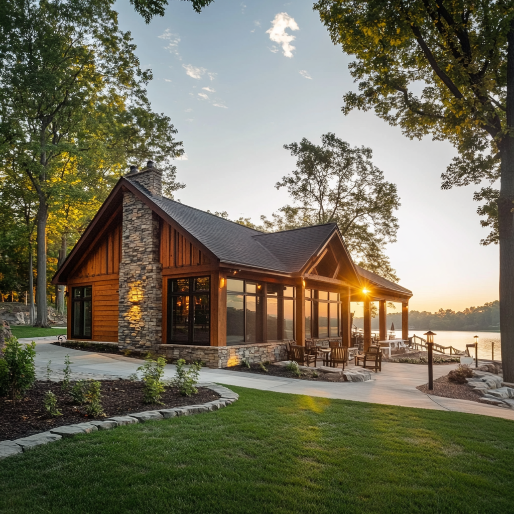 Exterior shot of a luxury cabin at Bay Landing - Thousand Trails, beautifully situated along the lakefront. The cabin features a spacious deck with seating, offering unobstructed views of the serene lake and surrounding nature. The warm sunlight reflects off the water, enhancing the peaceful atmosphere, while the cabin’s modern design and large windows blend harmoniously with the natural landscape, providing a perfect retreat for guests to enjoy the tranquil lakeside setting.