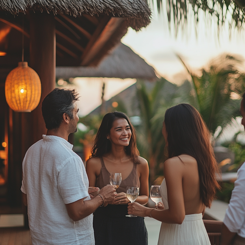 Intimate shot of the resort’s owners interacting with guests, warmly greeting them and offering personalized service. The owners are seen smiling and engaging in friendly conversation with a couple or family, creating a welcoming and comfortable atmosphere. The background shows cozy resort surroundings, with guests enjoying their time. This moment highlights the personal touch and exceptional hospitality that makes the resort feel like a home away from home.