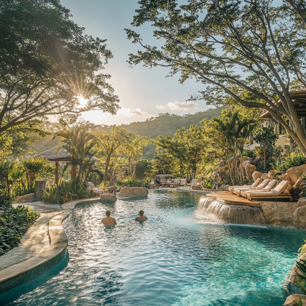 Lifestyle shot of guests relaxing and enjoying the resort's designer pool, with some lounging by the poolside and others swimming. The pool area is surrounded by lush greenery, offering stunning views of the surrounding natural landscape. Guests are seen basking in the sun, enjoying refreshments, and engaging in light conversation, creating a laid-back yet luxurious atmosphere. The vibrant setting showcases the perfect blend of outdoor relaxation and natural beauty at the resort.