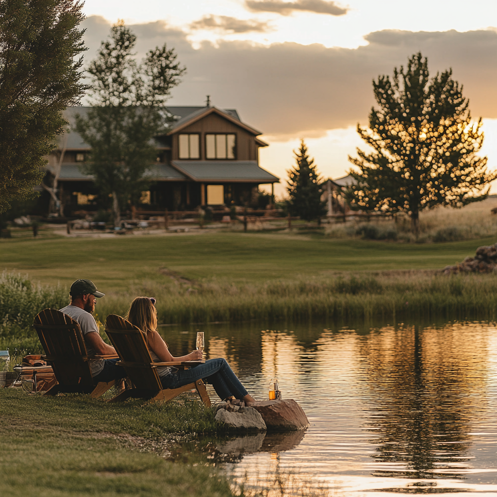 Lifestyle shot of guests relaxing at Prairie Lakes Ranch, enjoying the serene surroundings. A couple or family is seen lounging on comfortable outdoor seating, surrounded by the lush landscape of rolling hills and vibrant greenery. Some guests are sipping drinks, while others engage in quiet conversation, soaking in the peaceful atmosphere. The expansive natural setting creates a calm and inviting vibe, highlighting the perfect getaway for relaxation and connecting with nature at the ranch.