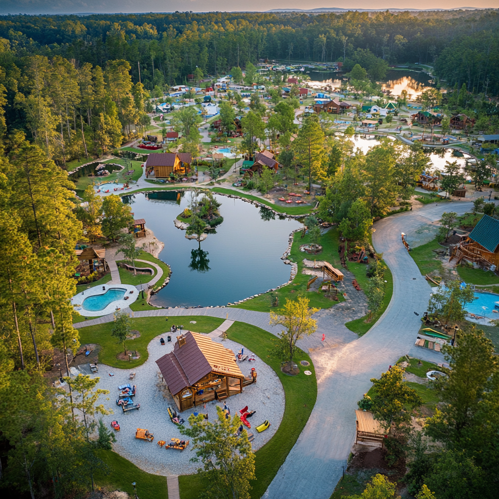 Overhead drone shot of Jellystone Park’s expansive grounds, showcasing a variety of accommodation options such as cabins, RV sites, and glamping tents. The scene also highlights the park's amenities, including a pool, playgrounds, and picnic areas, all nestled within lush greenery. The layout of the park is visible from above, capturing the spacious, family-friendly environment with pathways and gathering spaces, creating an inviting atmosphere for guests to explore and enjoy.