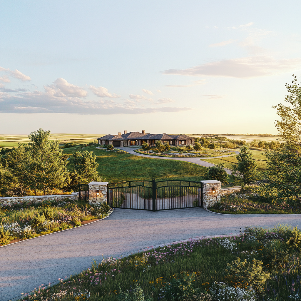 Panoramic shot of Prairie Lakes Ranch’s stunning hilltop setting, capturing the expansive, lush landscape that stretches across rolling hills. The gated entrance is visible in the foreground, welcoming guests to the private, serene ranch. The surrounding greenery, including tall trees and vibrant meadows, enhances the natural beauty of the area, while the hilltop vantage point offers sweeping views of the peaceful countryside. The scene conveys a sense of tranquility and exclusivity, ideal for a secluded retreat.