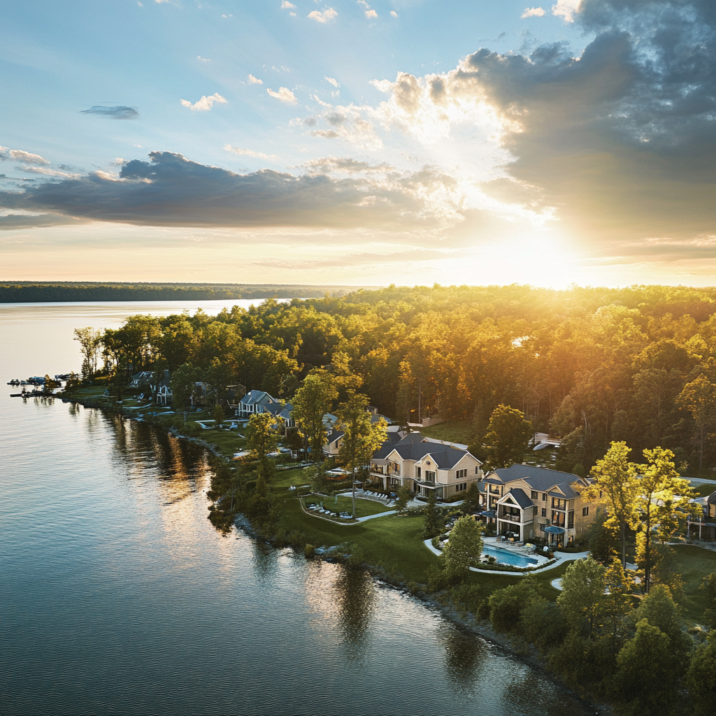 Scenic landscape shot of Bay Landing - Thousand Trails, highlighting its stunning lakefront setting and lush natural surroundings. The calm lake stretches out to the horizon, surrounded by vibrant greenery and tall trees. Gentle ripples on the water reflect the clear sky and nearby foliage, creating a peaceful, serene atmosphere. The landscape captures the beauty of the resort's outdoor environment, offering a perfect blend of tranquility and natural beauty.