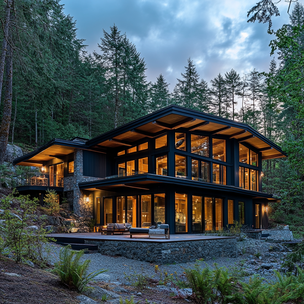 Twilight shot of Cabin 5’s exterior, showcasing its grand size and intricate architectural details. The warm interior lights glow through large windows, illuminating the cabin’s rustic wood beams, high-pitched roof, and spacious wraparound porch. The dusky sky and soft outdoor lighting enhance the inviting ambiance, highlighting the craftsmanship and elegance of the cabin in the serene evening setting.