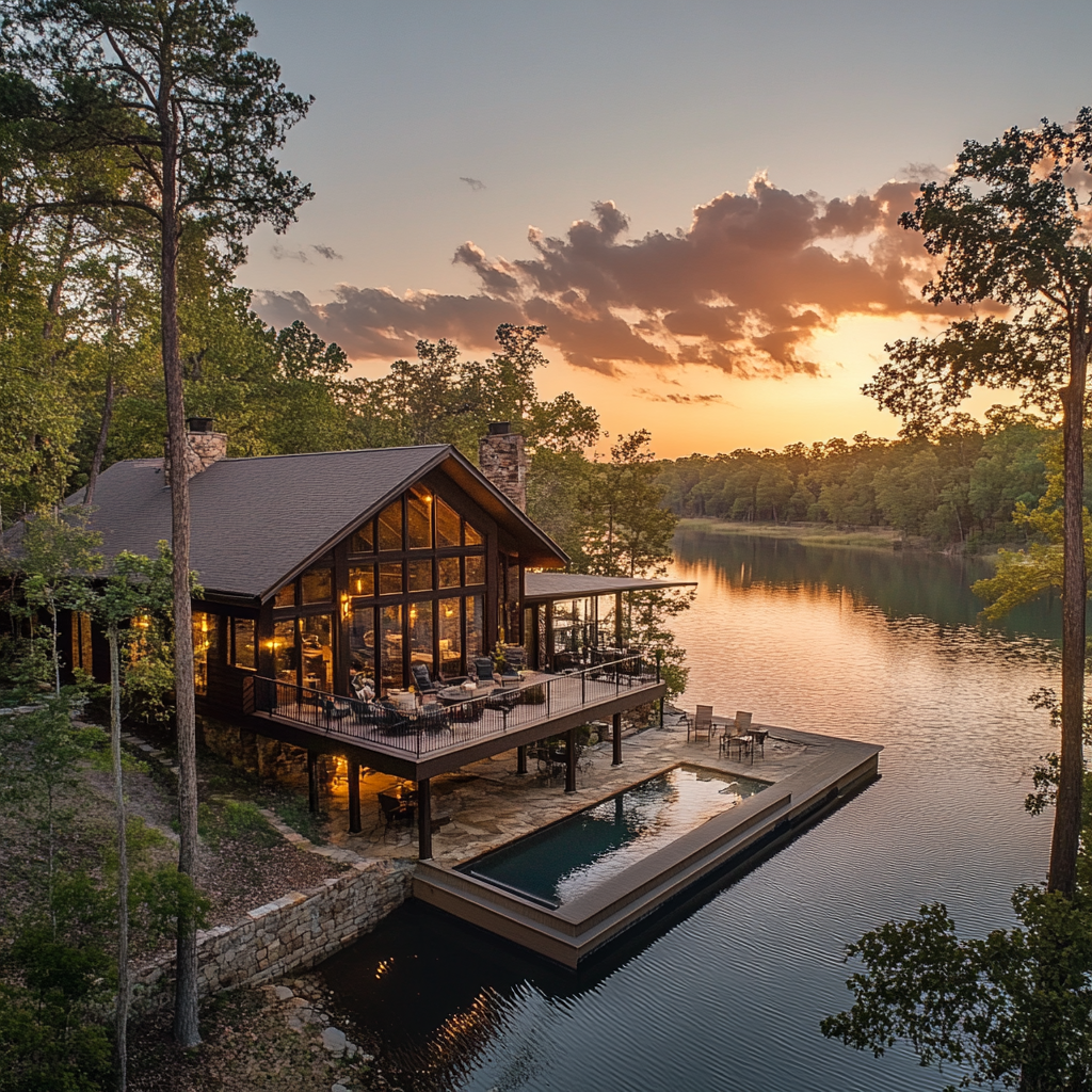 Wide-angle shot of a luxury cabin exterior at sunset, featuring a spacious wraparound porch overlooking a serene lake. The warm sunset light bathes the cabin in golden hues, while the calm lake reflects the colors of the sky, adding to the peaceful atmosphere. Cozy outdoor seating on the porch invites relaxation, with expansive views of the tranquil water and surrounding nature. The scene captures a perfect blend of luxury and natural beauty at dusk.